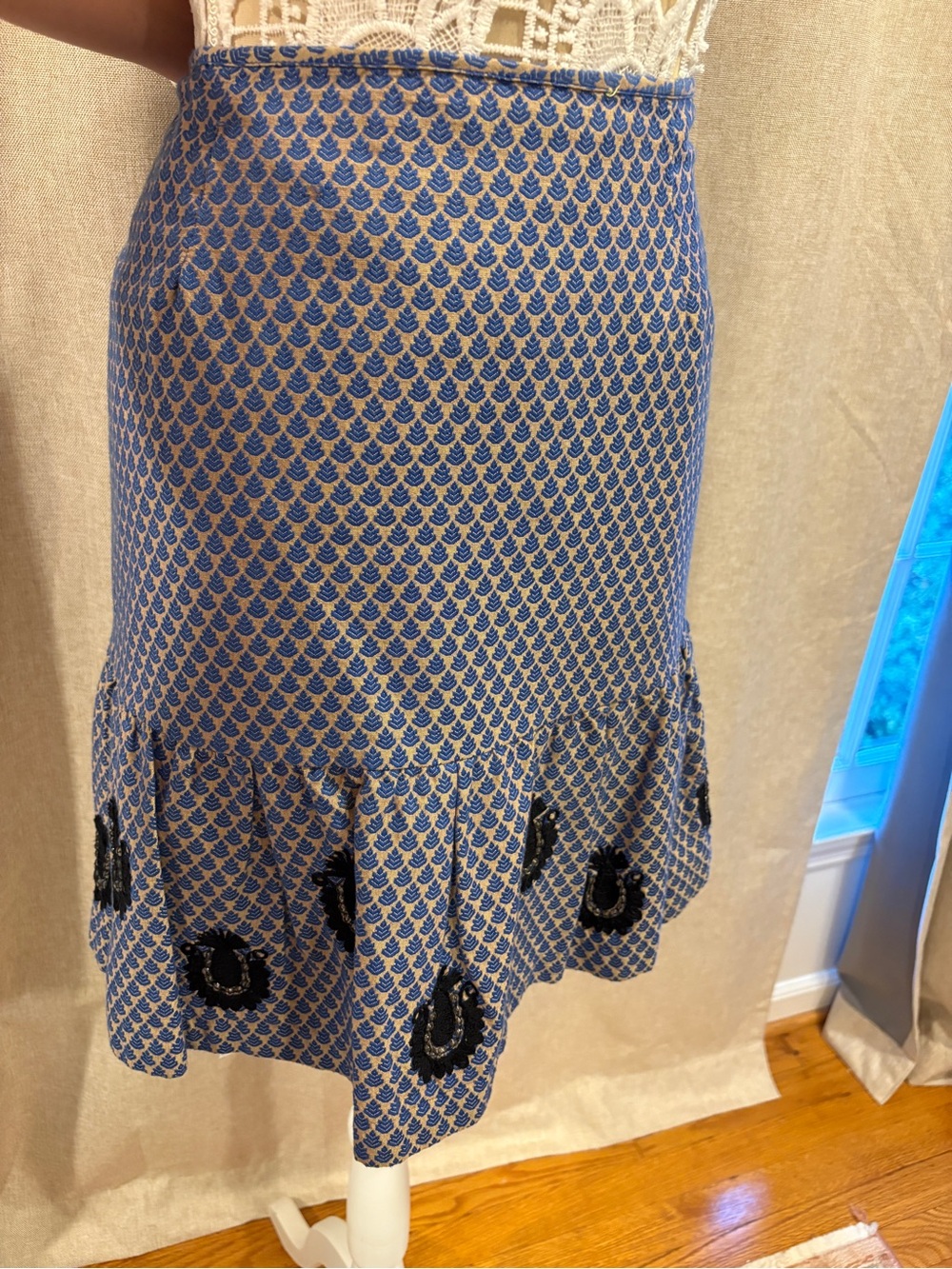 leifsdottir Blue Patterned Midi Skirt with Ruffled Hem